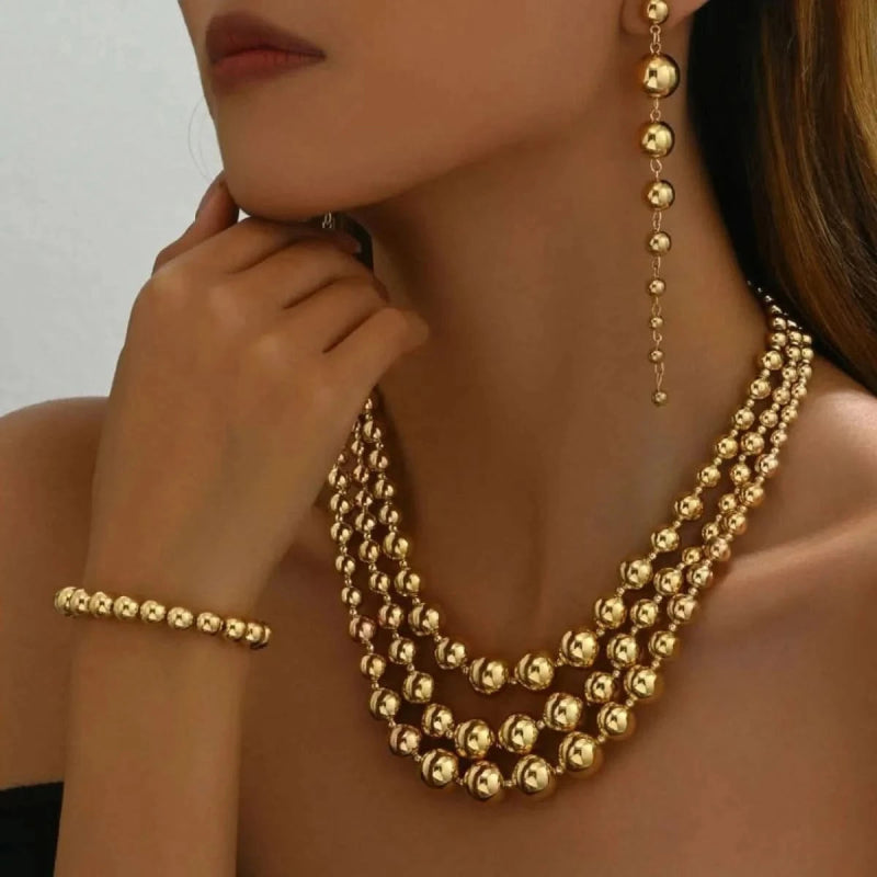 18K Stainless Steel Beaded Multi - Layered Necklace Bracelet Earrings Jewelry Set - ShalayeFashion