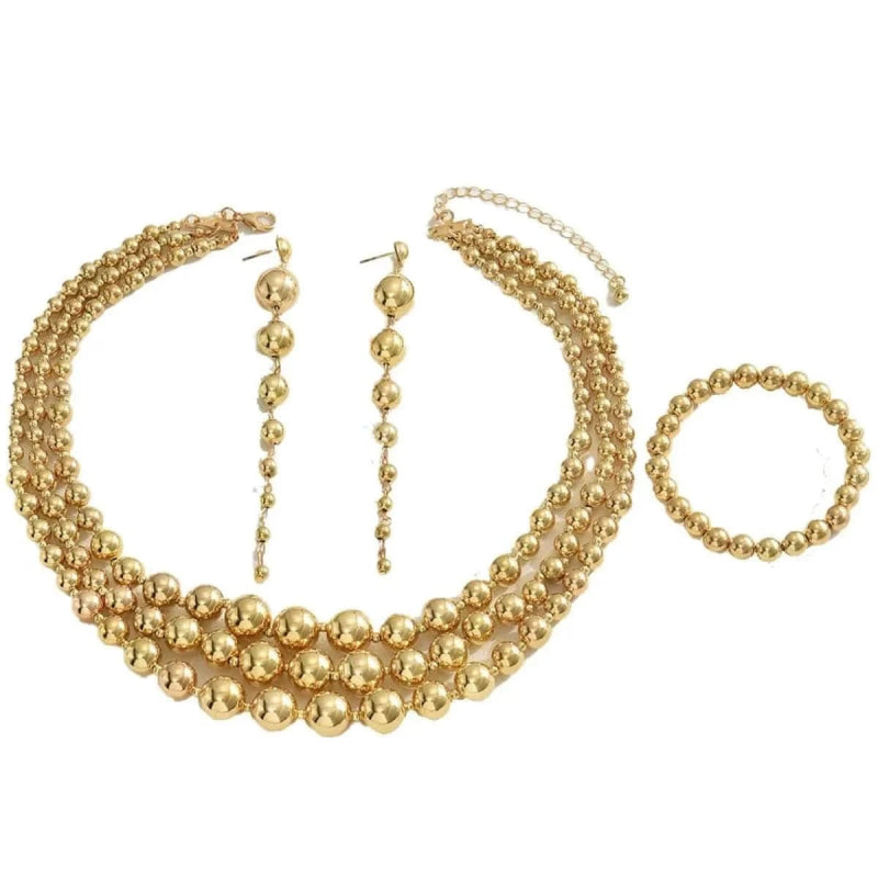 18K Stainless Steel Beaded Multi - Layered Necklace Bracelet Earrings Jewelry Set - ShalayeFashion
