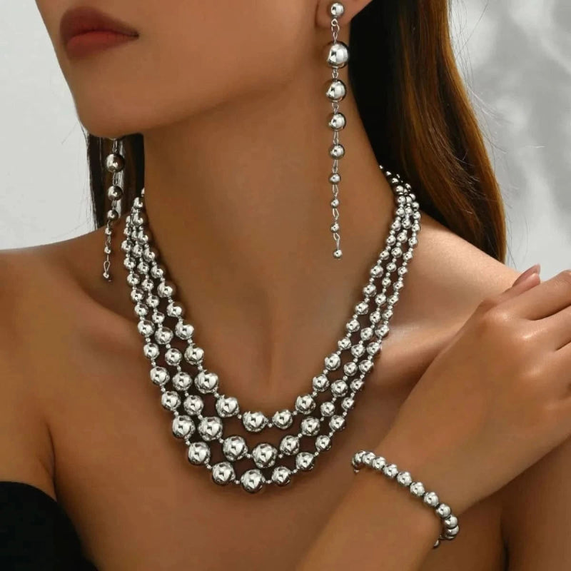 18K Stainless Steel Beaded Multi - Layered Necklace Bracelet Earrings Jewelry Set - ShalayeFashion