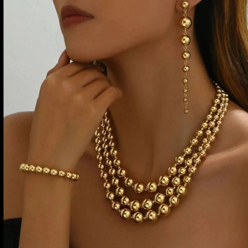 18K Stainless Steel Beaded Multi - Layered Necklace Bracelet Earrings Jewelry Set - ShalayeFashion