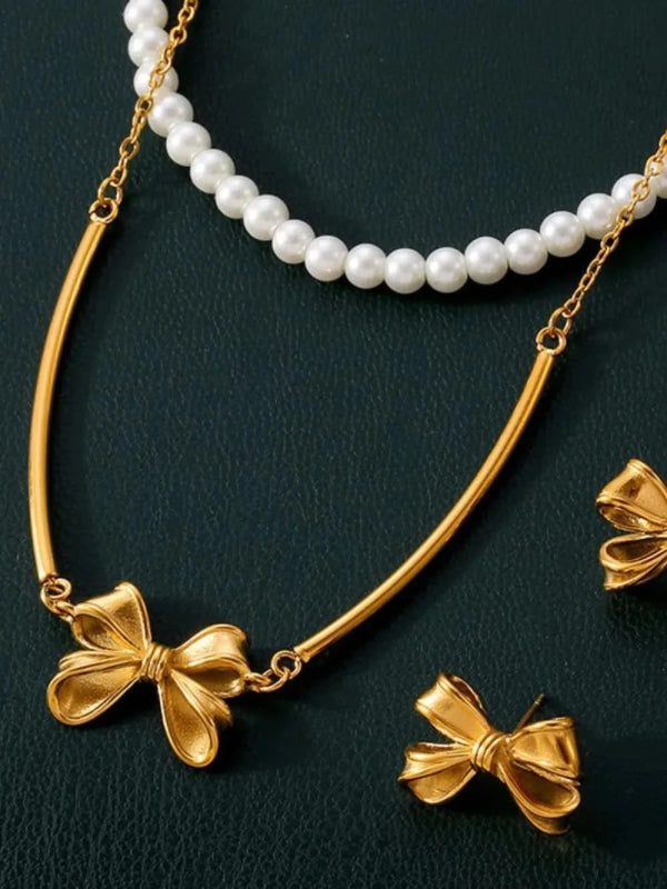 3 Piece Pearl Necklace, Bow Necklace and Stud Earrings Jewelry Set - ShalayeFashion