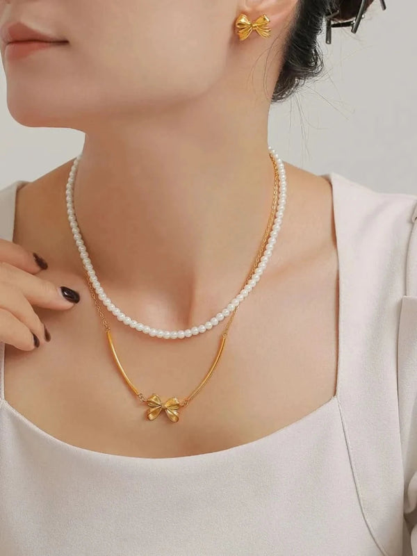 3 Piece Pearl Necklace, Bow Necklace and Stud Earrings Jewelry Set - ShalayeFashion