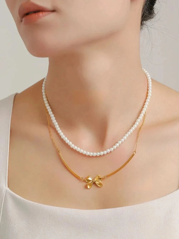 3 Piece Pearl Necklace, Bow Necklace and Stud Earrings Jewelry Set - ShalayeFashion