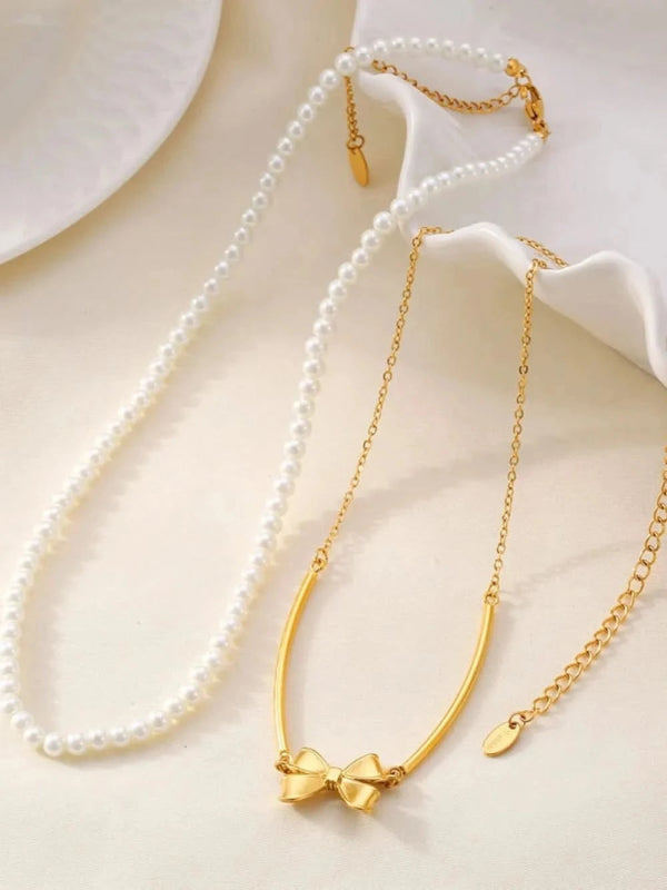 3 Piece Pearl Necklace, Bow Necklace and Stud Earrings Jewelry Set - ShalayeFashion