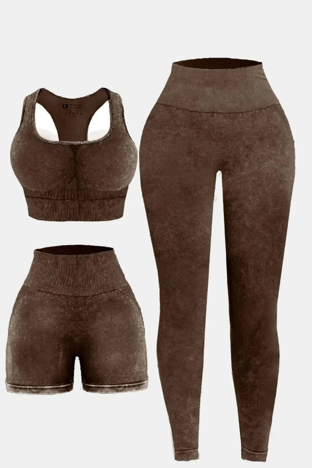 3 Piece Washed Square Neck Wide Strap Active Set - ShalayeFashion