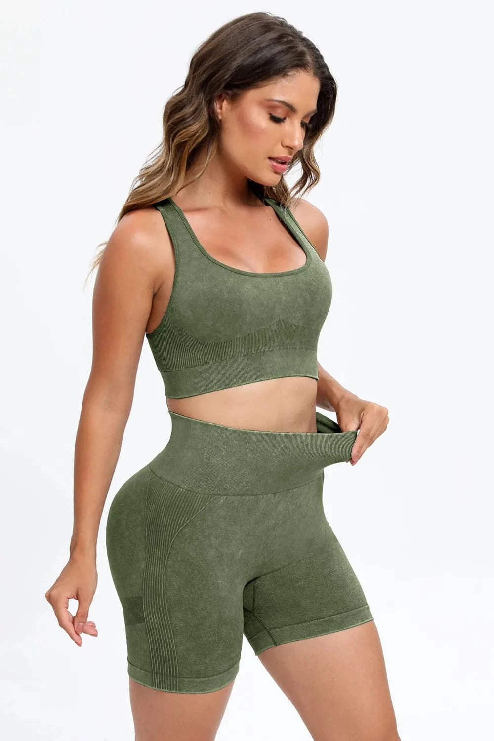 3 Piece Washed Square Neck Wide Strap Active Set - ShalayeFashion