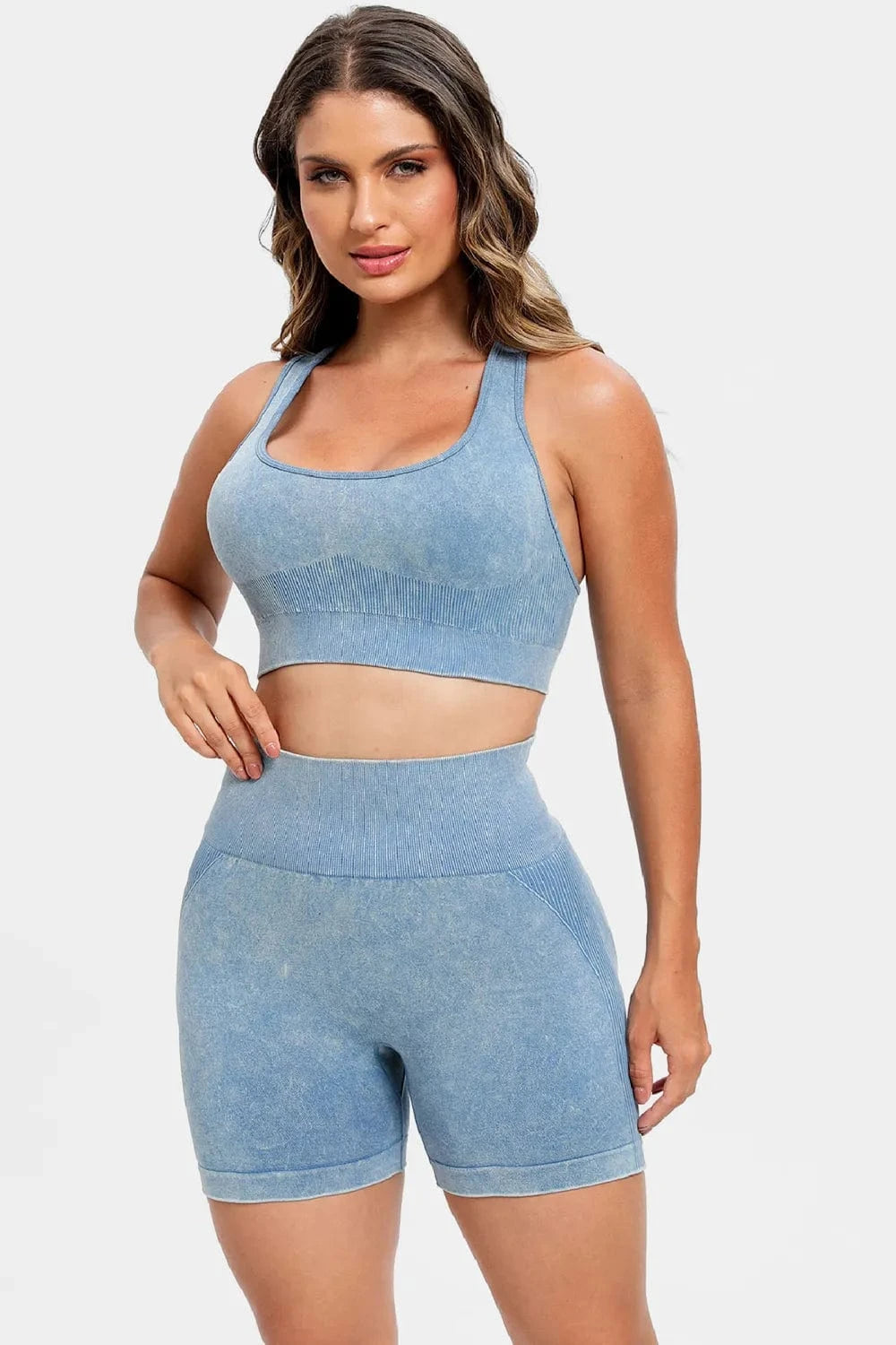 3 Piece Washed Square Neck Wide Strap Active Set - ShalayeFashion