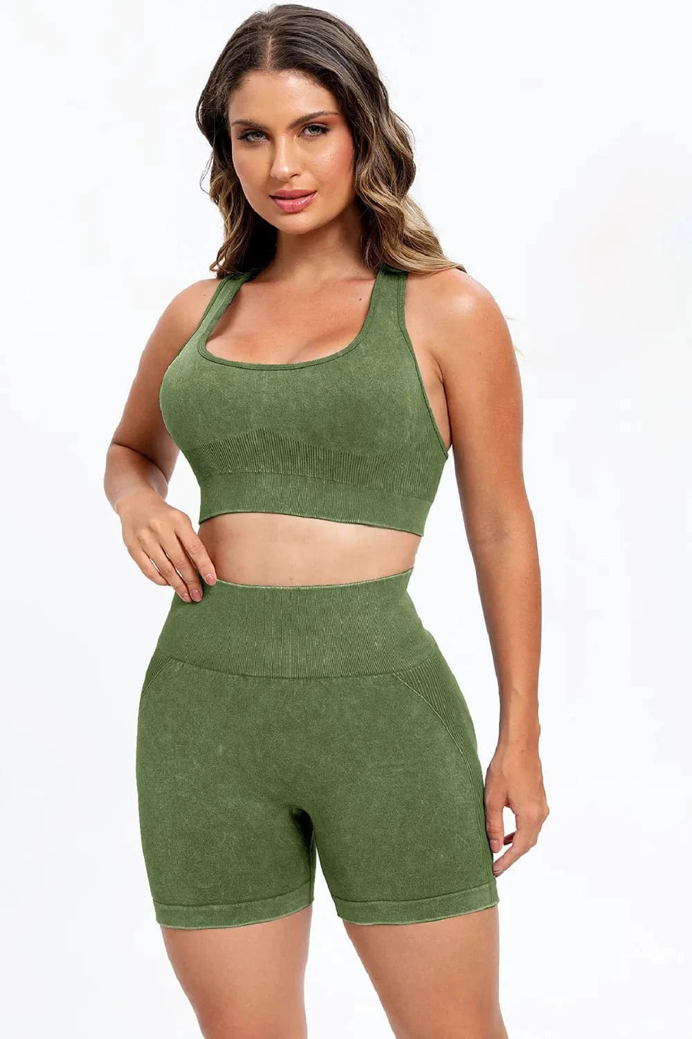 3 Piece Washed Square Neck Wide Strap Active Set - ShalayeFashion
