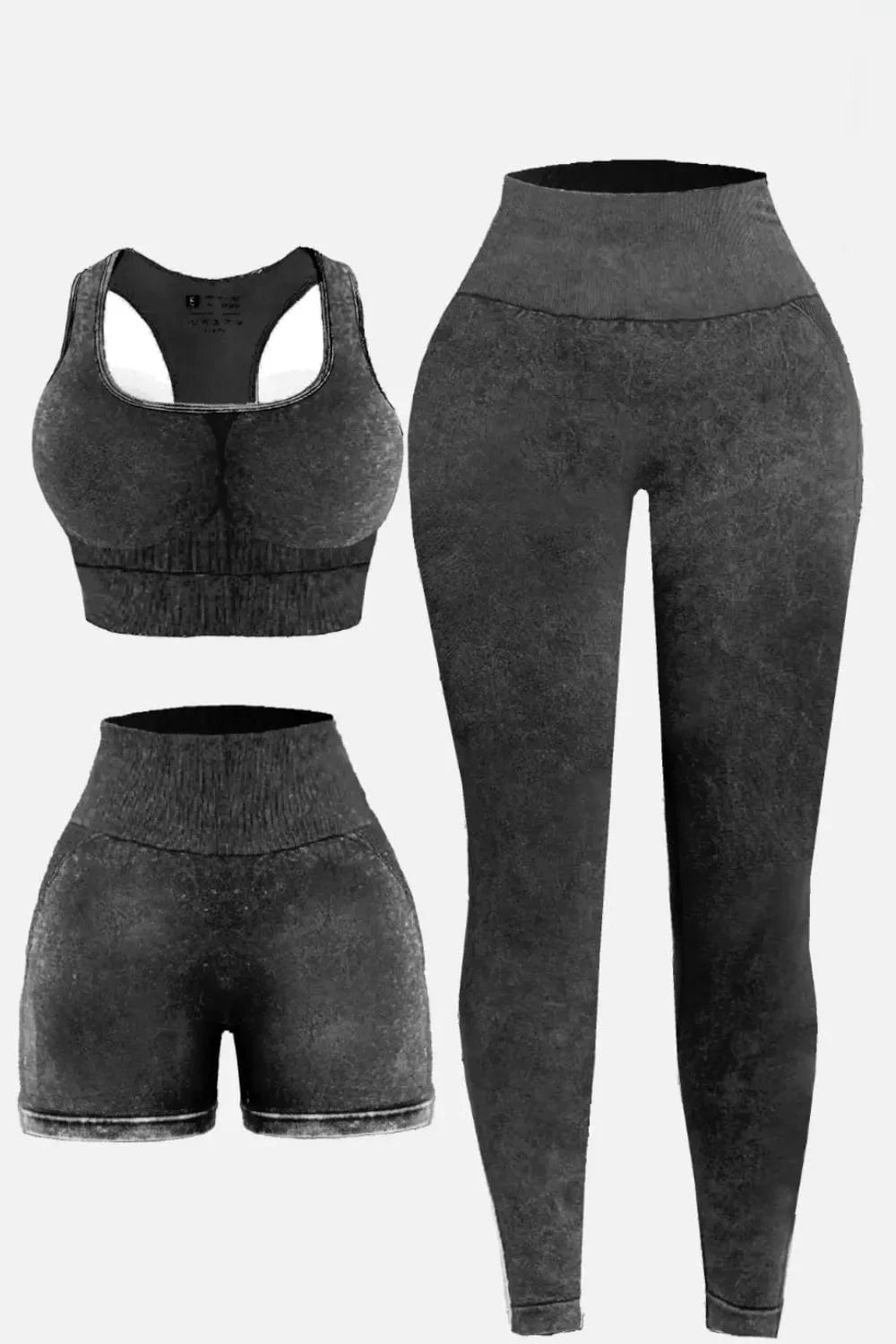 3 Piece Washed Square Neck Wide Strap Active Set - ShalayeFashion