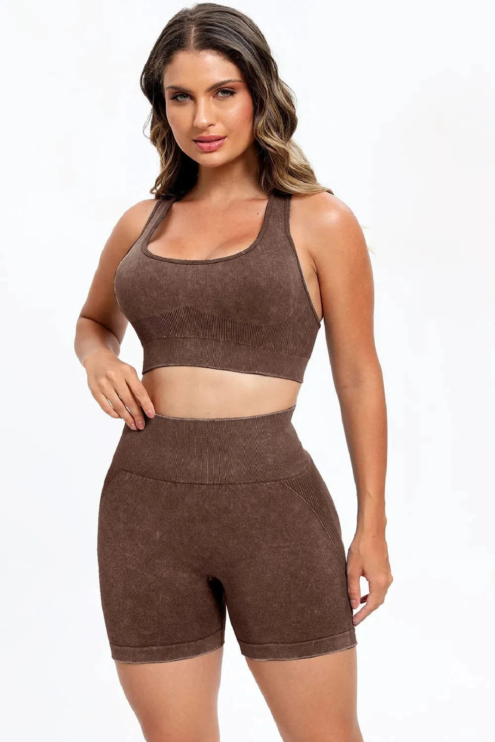 3 Piece Washed Square Neck Wide Strap Active Set - ShalayeFashion