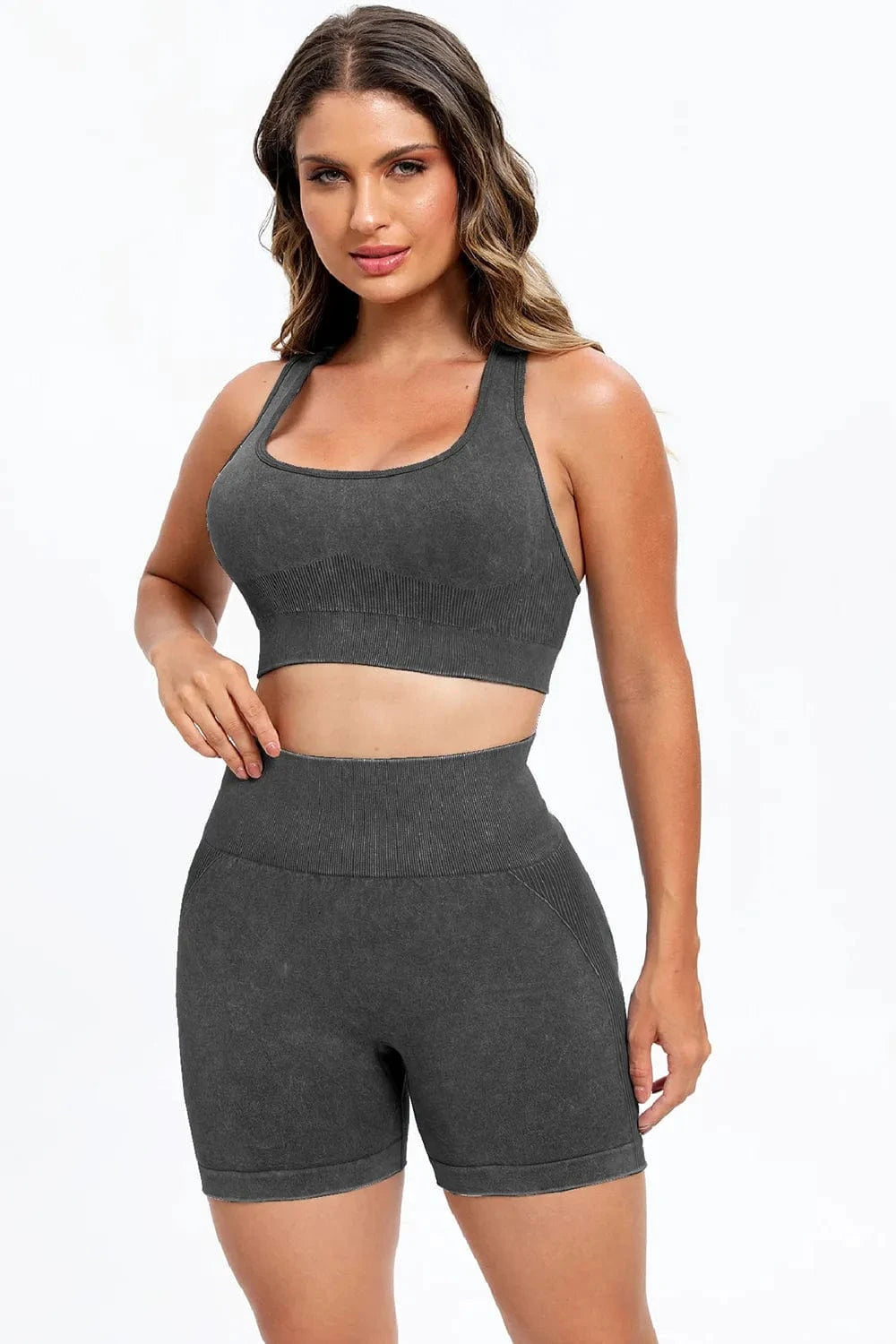 3 Piece Washed Square Neck Wide Strap Active Set - ShalayeFashion