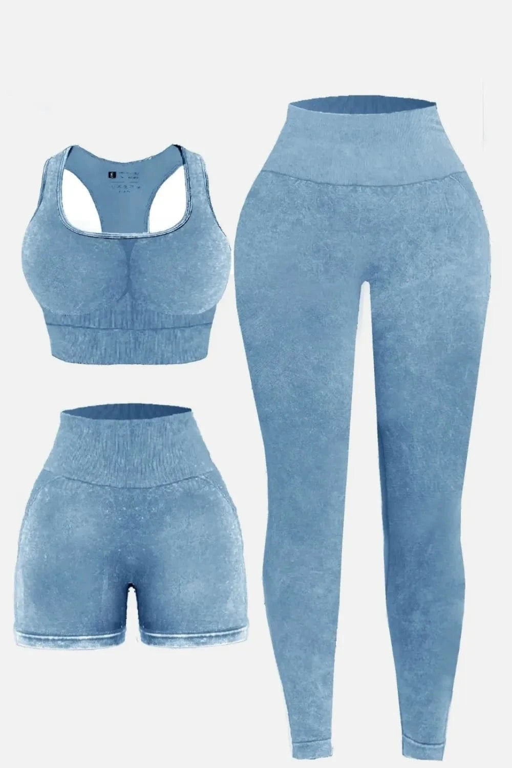 3 Piece Washed Square Neck Wide Strap Active Set - ShalayeFashion