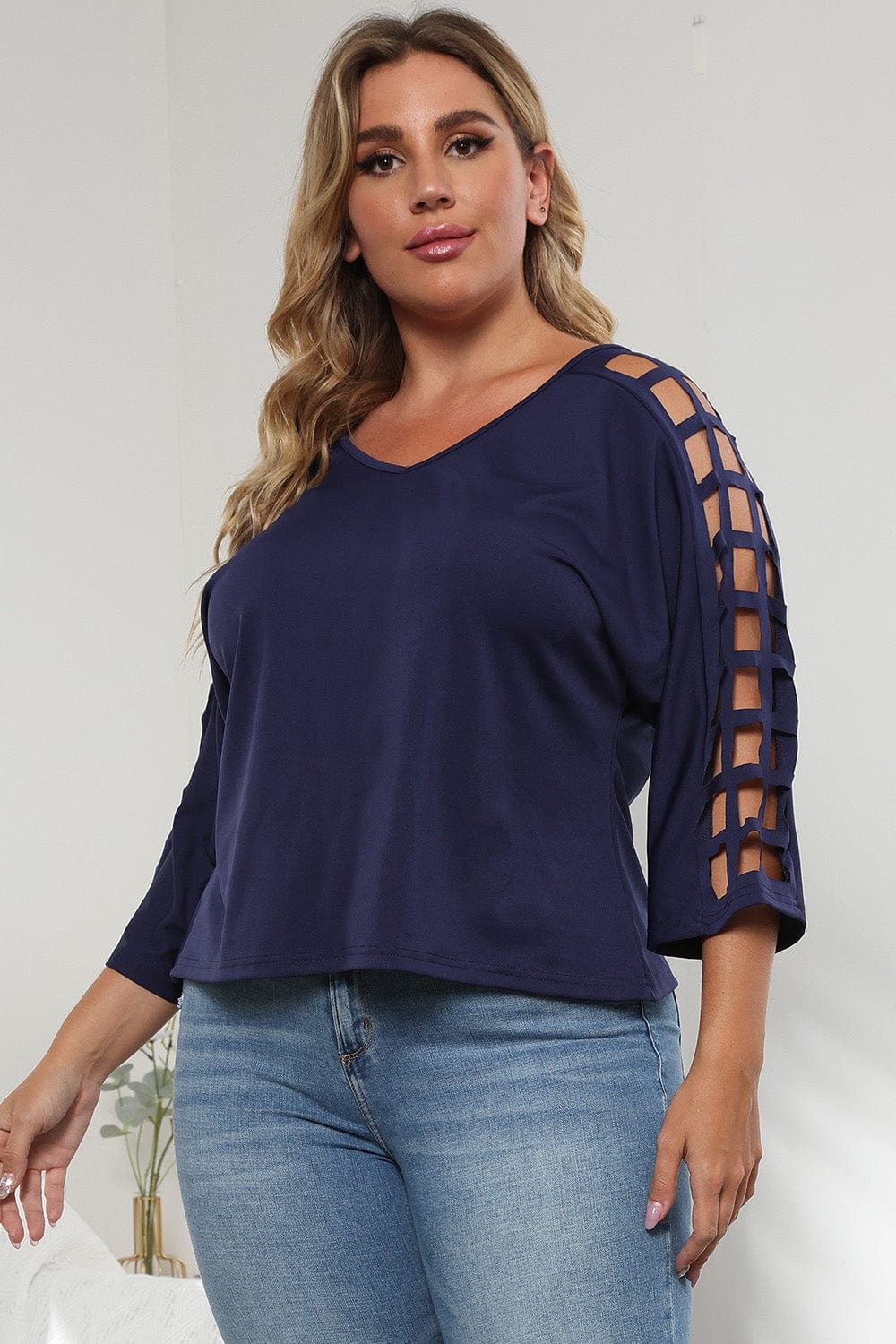 3/4 Sleeve Cutout Detail Top - ShalayeFashion