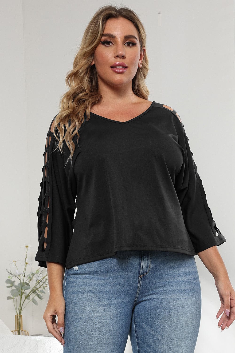 3/4 Sleeve Cutout Detail Top - ShalayeFashion