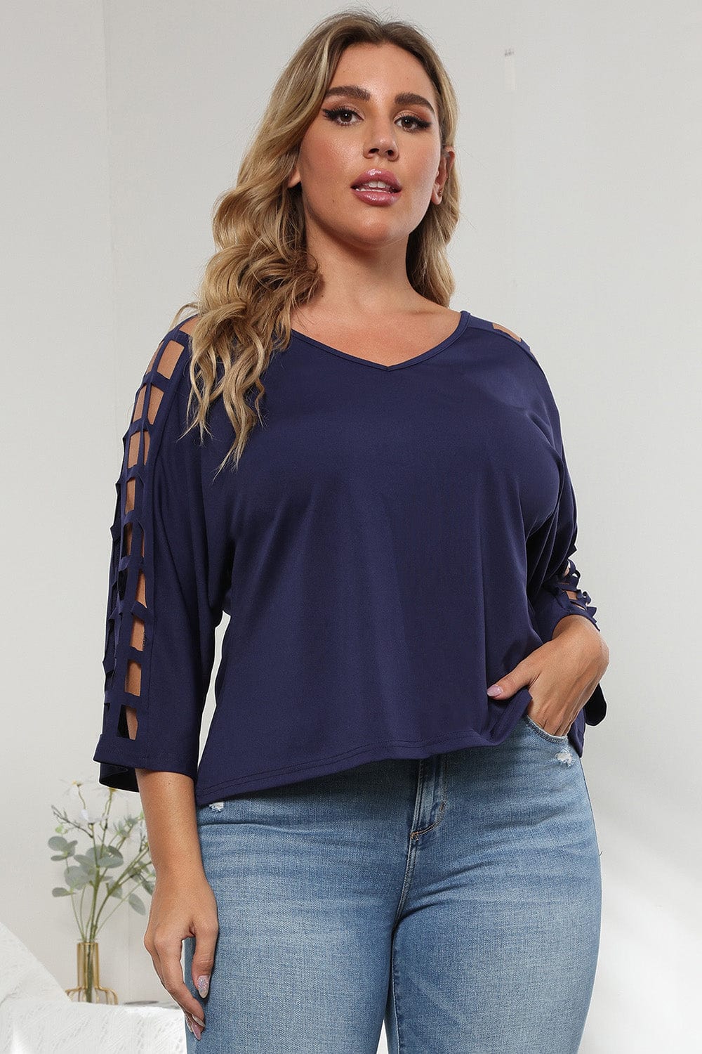 3/4 Sleeve Cutout Detail Top - ShalayeFashion