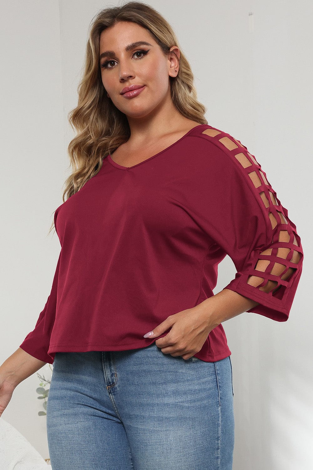 3/4 Sleeve Cutout Detail Top - ShalayeFashion