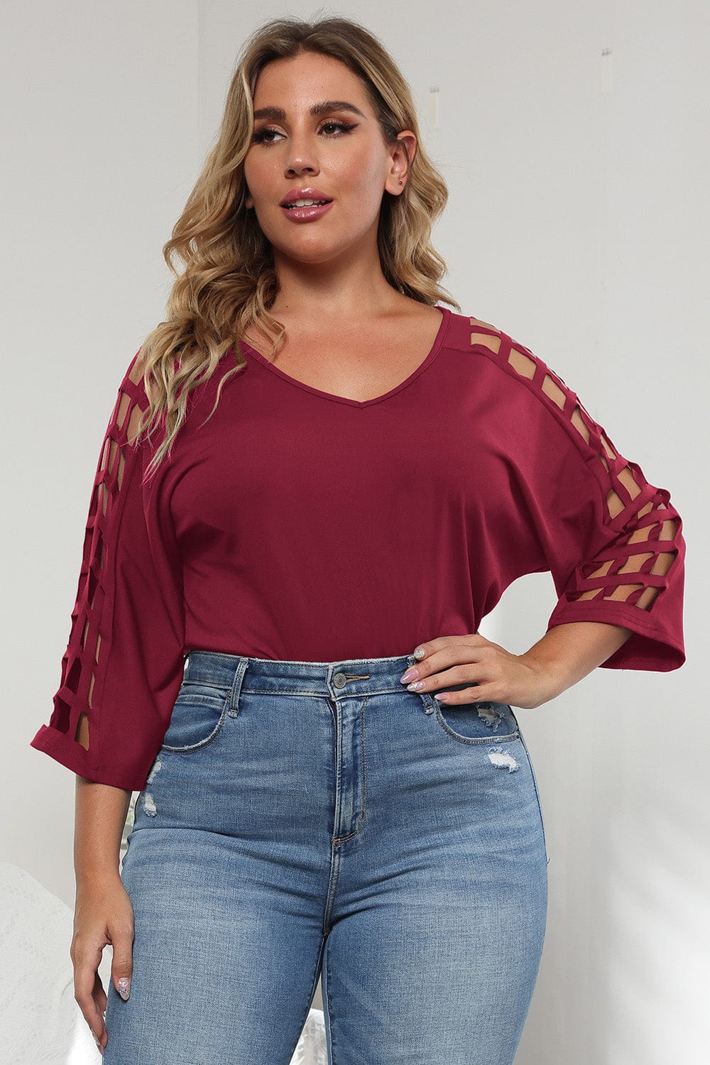 3/4 Sleeve Cutout Detail Top - ShalayeFashion
