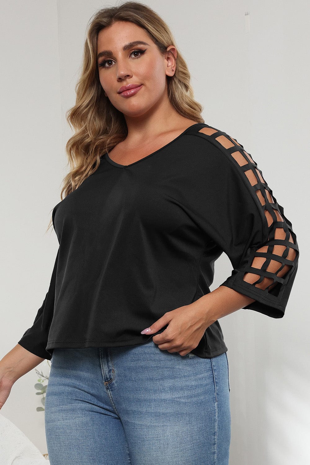 3/4 Sleeve Cutout Detail Top - ShalayeFashion