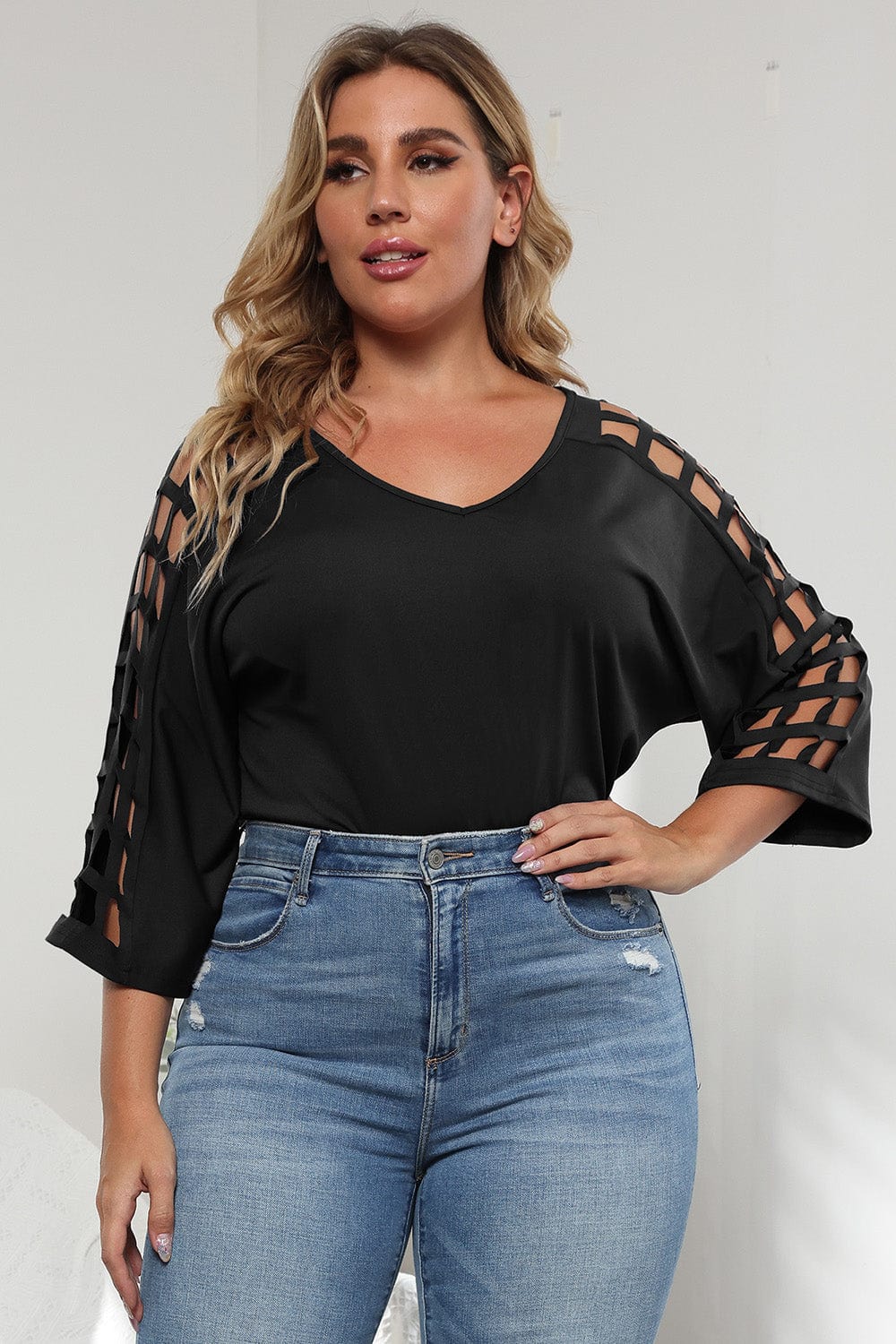 3/4 Sleeve Cutout Detail Top - ShalayeFashion