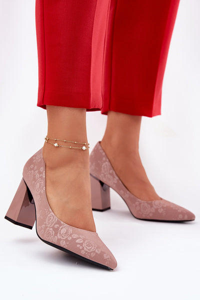 Women's Eco Leather Block Heel Rose Embossed