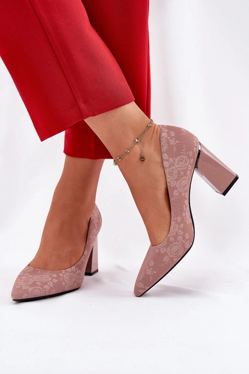Women's Eco Leather Block Heel Rose Embossed