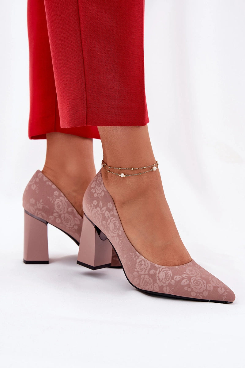 Women's Eco Leather Block Heel Rose Embossed