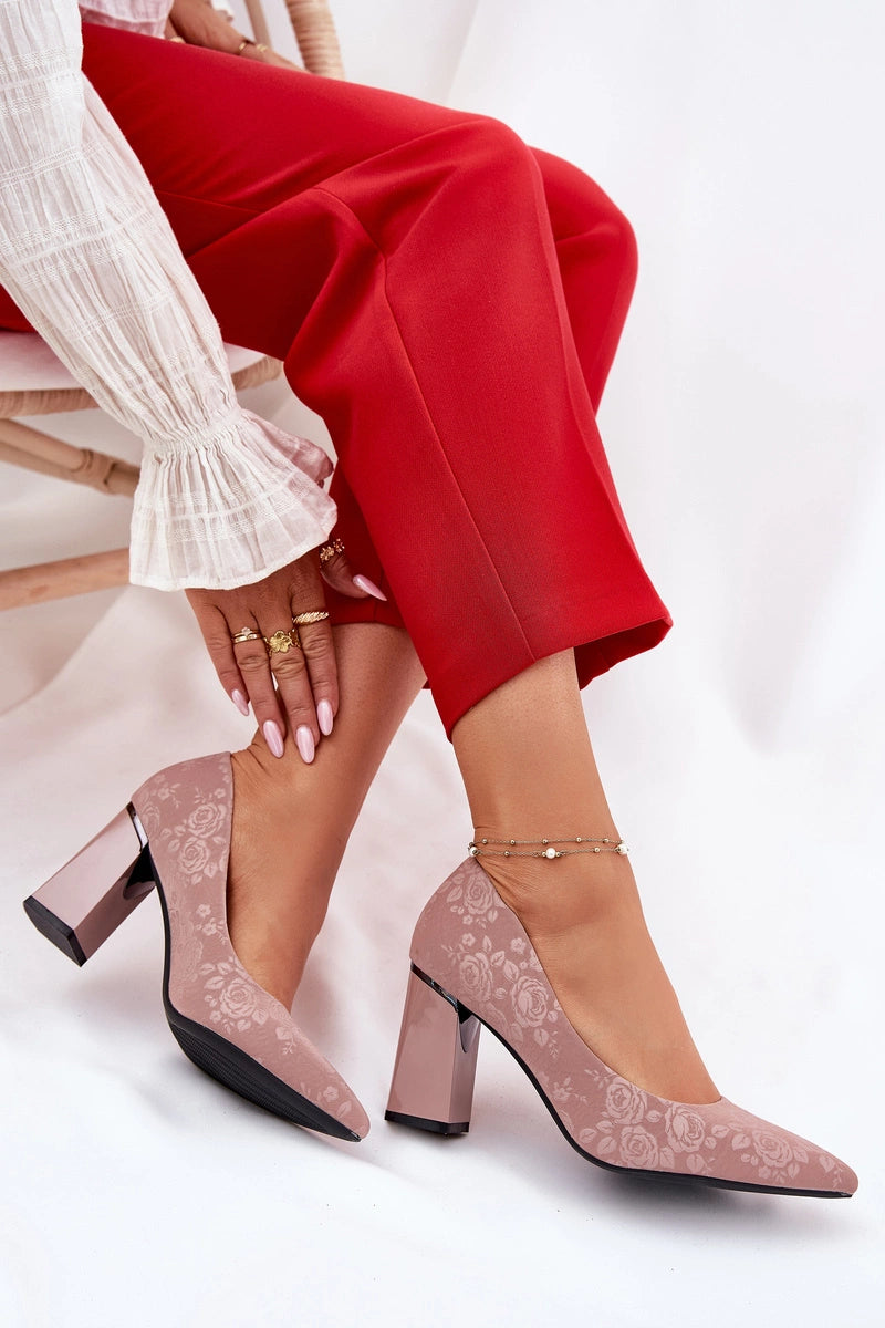 Women's Eco Leather Block Heel Rose Embossed