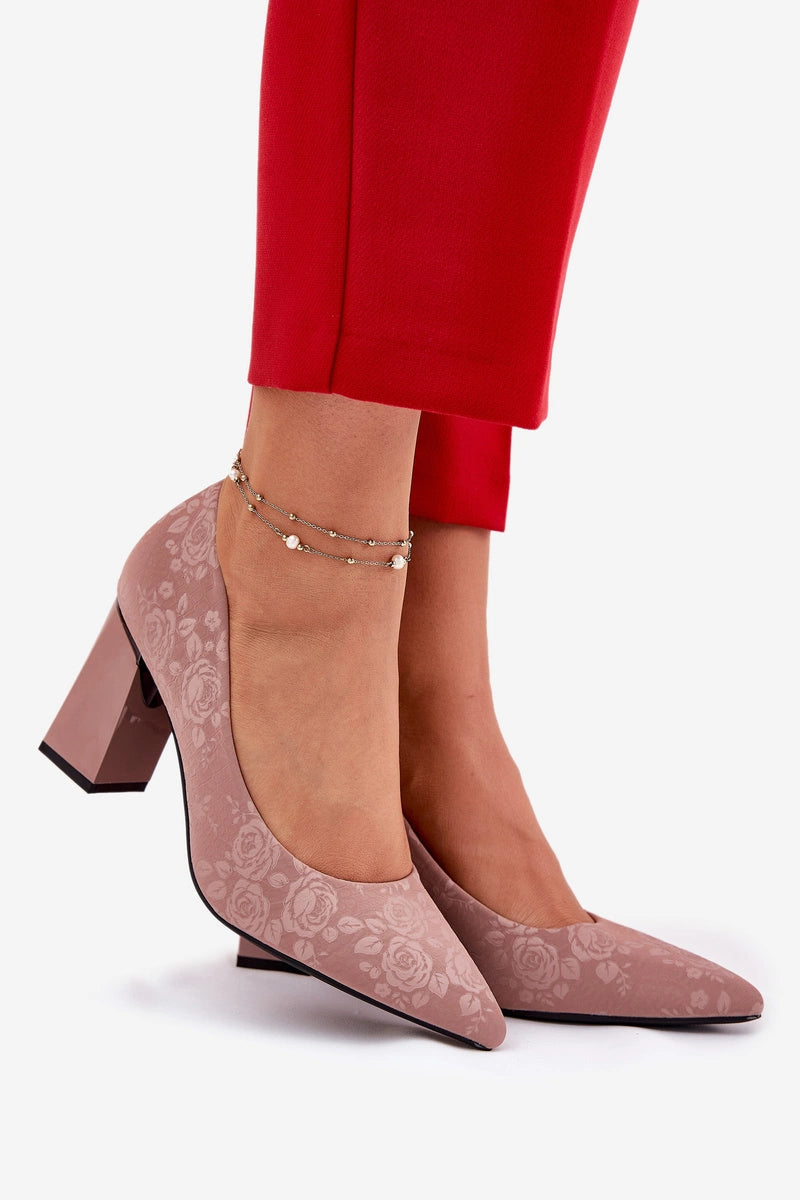 Women's Eco Leather Block Heel Rose Embossed