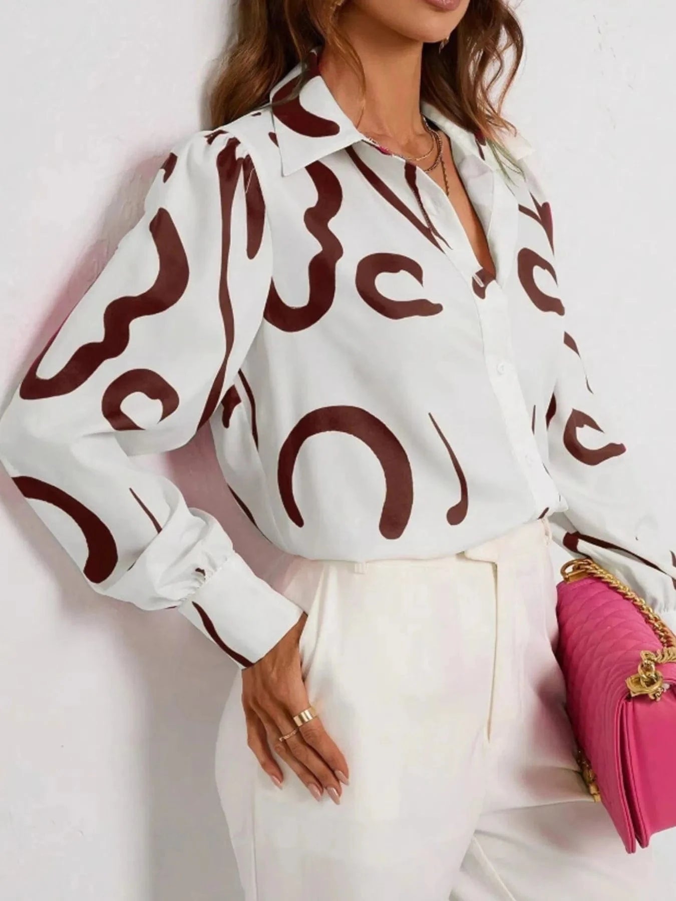 Abstract Print Long Sleeve Collared Shirt - ShalayeFashion