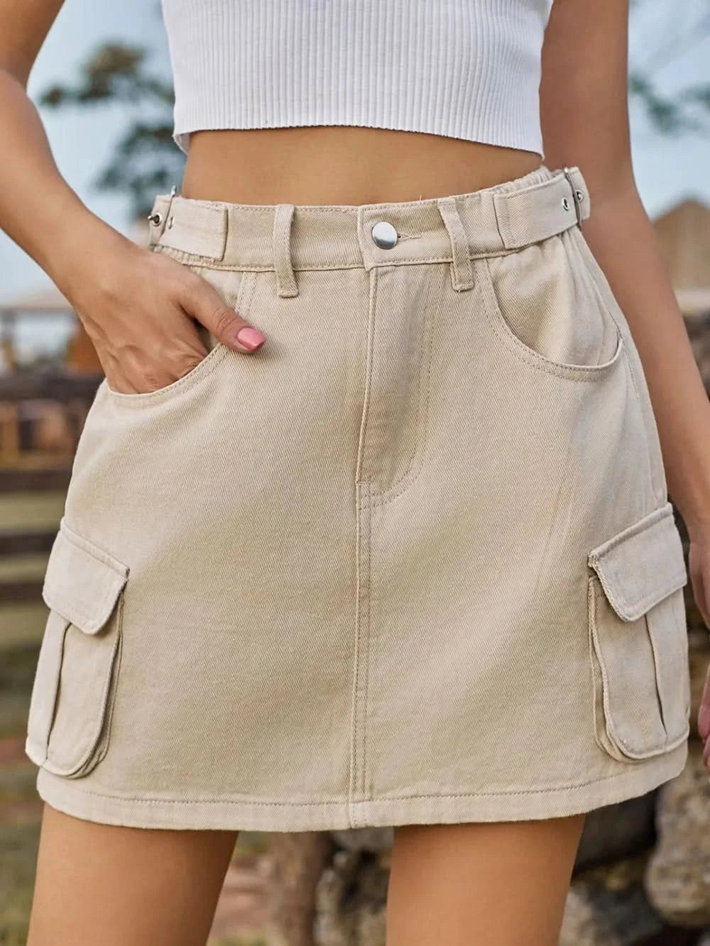 Adjustable Waist Denim Skirt with Pockets - ShalayeFashion