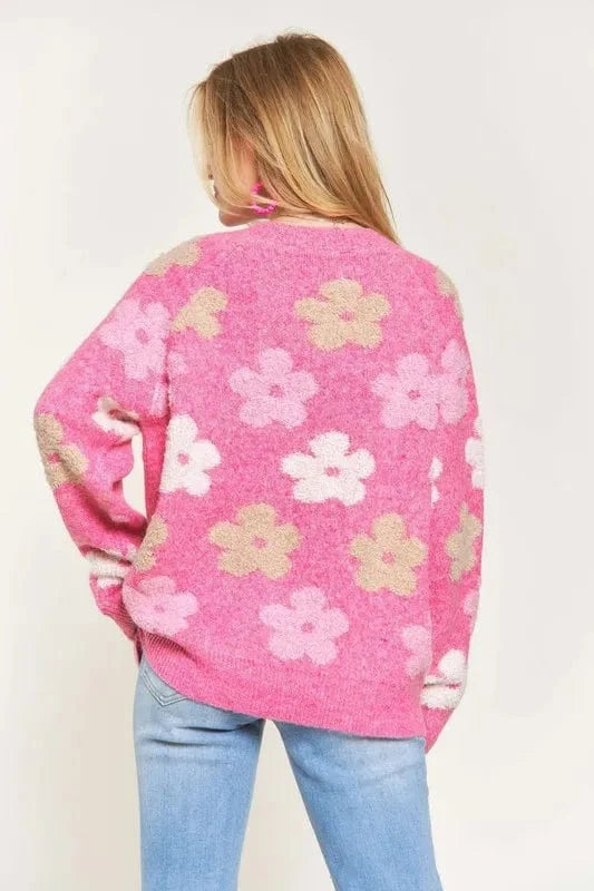 ADORA Full Size Floral Popped 2 - Tone Sweater Top Plus Size - ShalayeFashion
