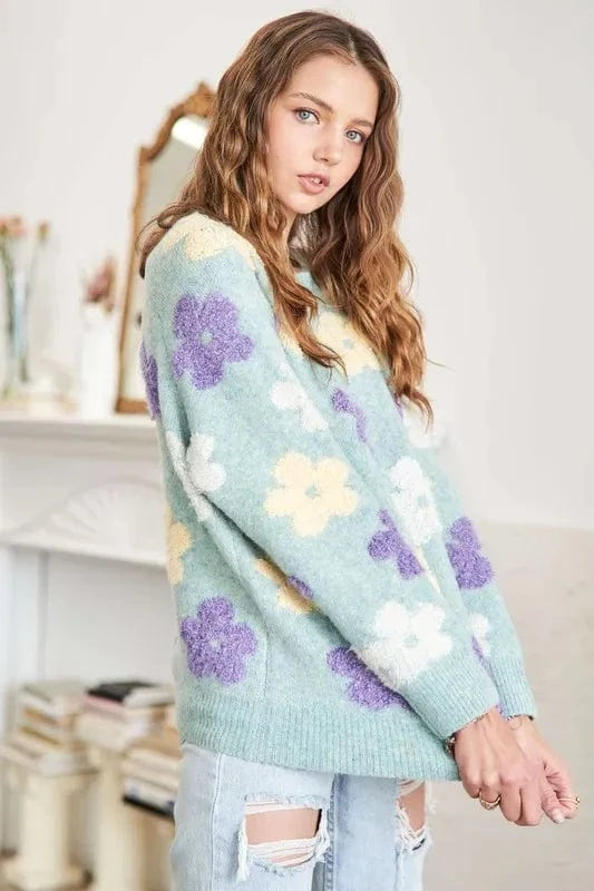 ADORA Full Size Floral Popped 2 - Tone Sweater Top Plus Size - ShalayeFashion