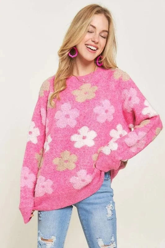 ADORA Full Size Floral Popped 2 - Tone Sweater Top Plus Size - ShalayeFashion