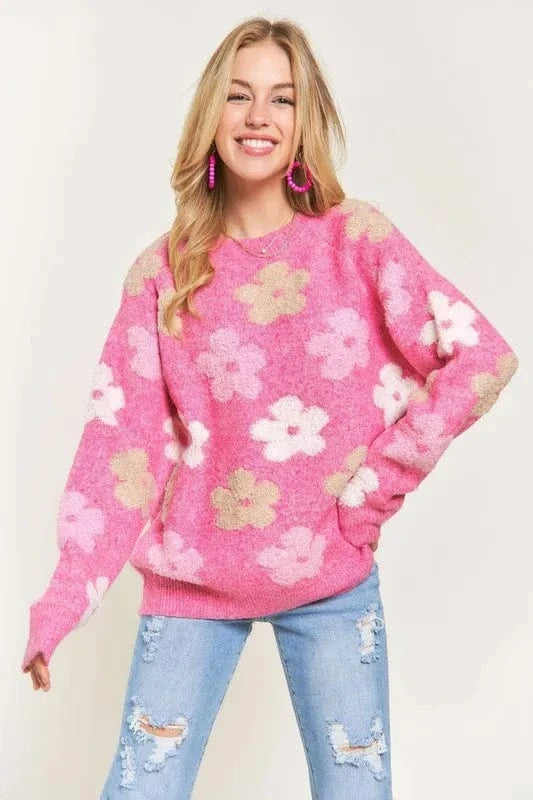 ADORA Full Size Floral Popped 2 - Tone Sweater Top Plus Size - ShalayeFashion