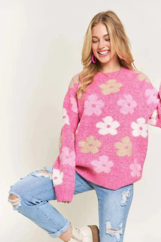 ADORA Full Size Floral Popped 2 - Tone Sweater Top Plus Size - ShalayeFashion