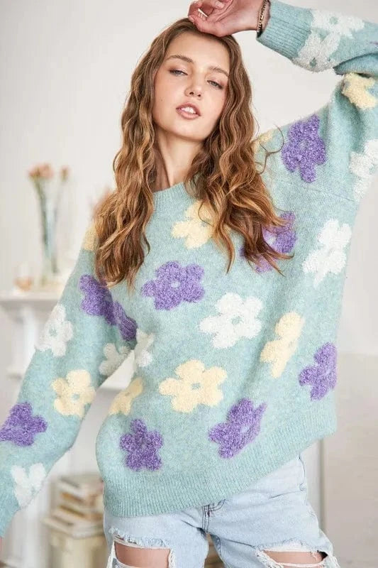 ADORA Full Size Floral Popped 2 - Tone Sweater Top Plus Size - ShalayeFashion