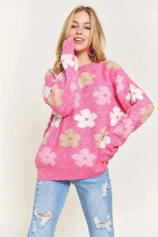 ADORA Full Size Floral Popped 2 - Tone Sweater Top Plus Size - ShalayeFashion