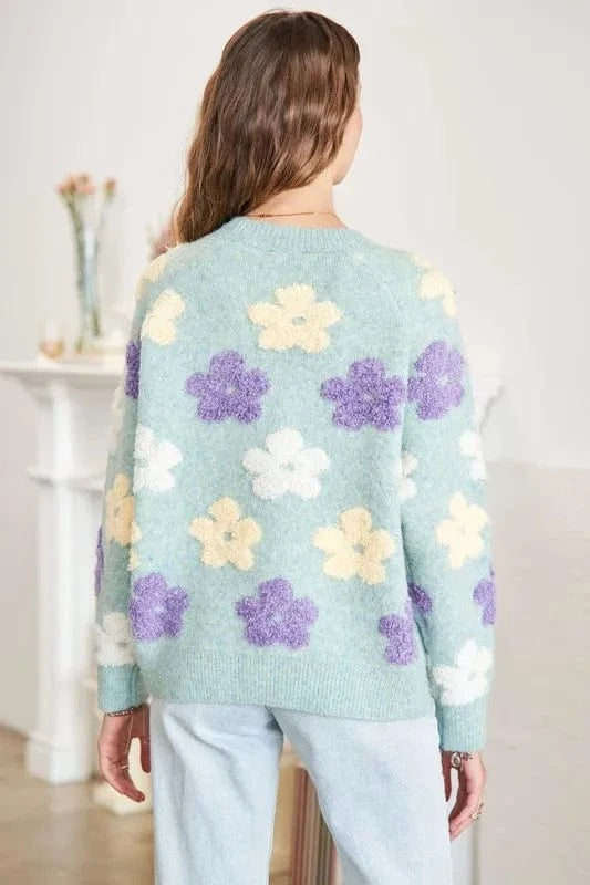 ADORA Full Size Floral Popped 2 - Tone Sweater Top Plus Size - ShalayeFashion