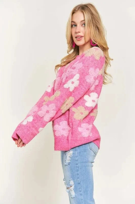 ADORA Full Size Floral Popped 2 - Tone Sweater Top Plus Size - ShalayeFashion