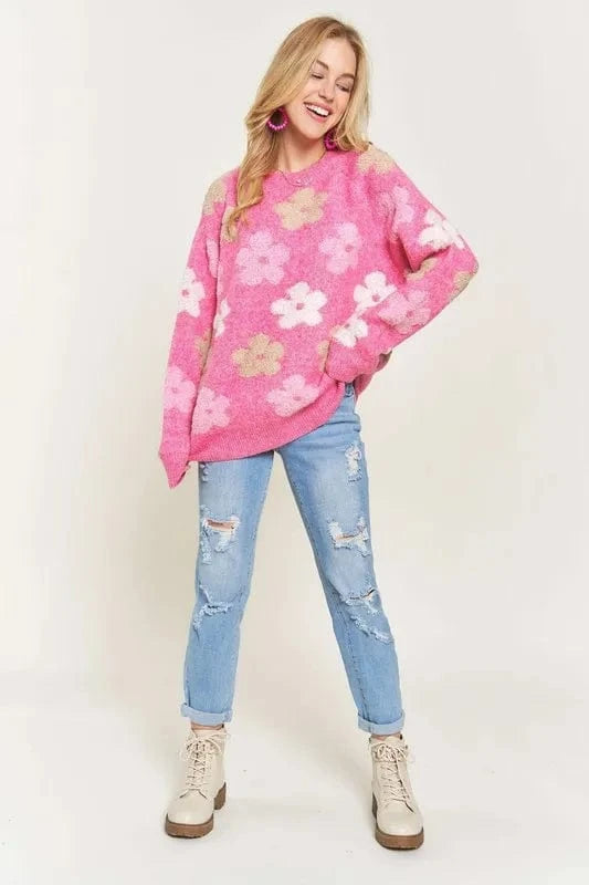 ADORA Full Size Floral Popped 2 - Tone Sweater Top Plus Size - ShalayeFashion