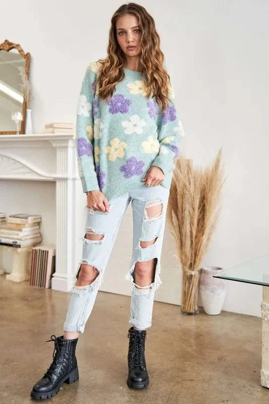 ADORA Full Size Floral Popped 2 - Tone Sweater Top Plus Size - ShalayeFashion