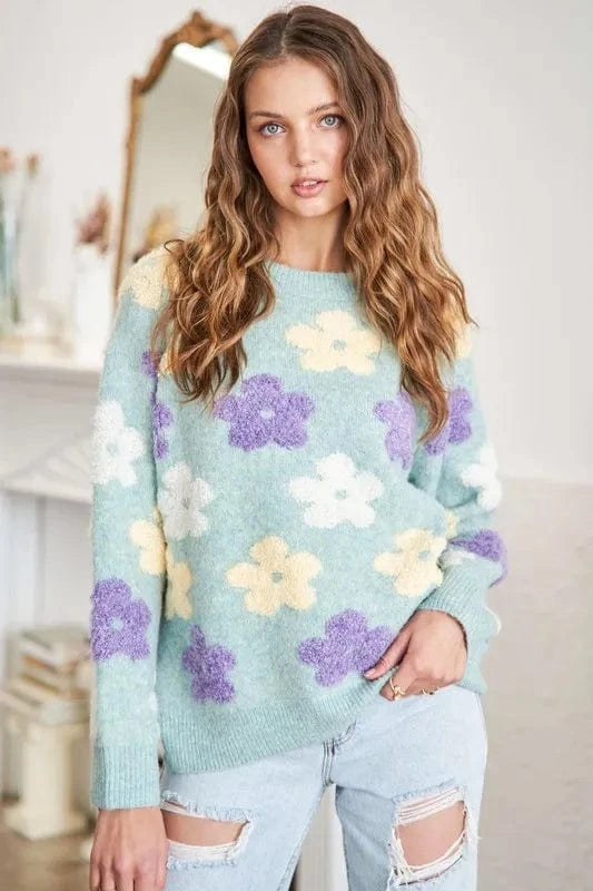 ADORA Full Size Floral Popped 2 - Tone Sweater Top Plus Size - ShalayeFashion