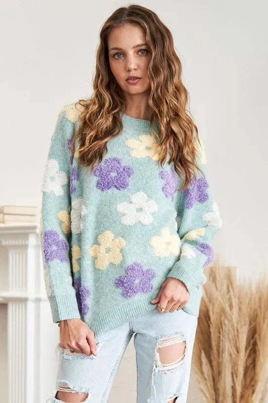 ADORA Full Size Floral Popped 2 - Tone Sweater Top Plus Size - ShalayeFashion