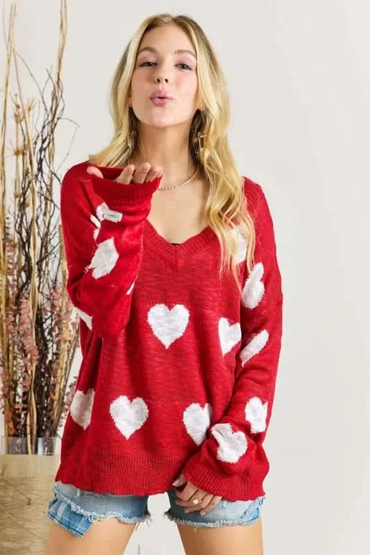 ADORA Full Size Heart V - Neck Knit Top Plus Size - ShalayeFashion