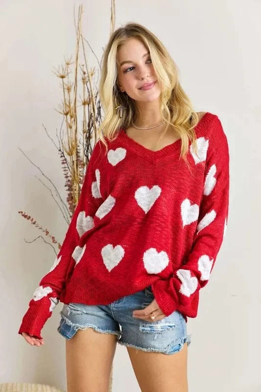 ADORA Full Size Heart V - Neck Knit Top Plus Size - ShalayeFashion