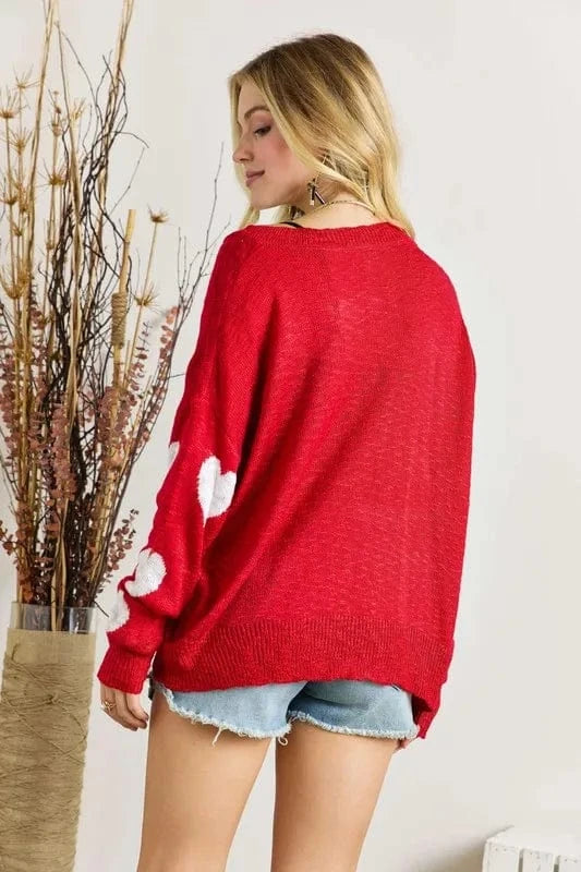 ADORA Full Size Heart V - Neck Knit Top Plus Size - ShalayeFashion