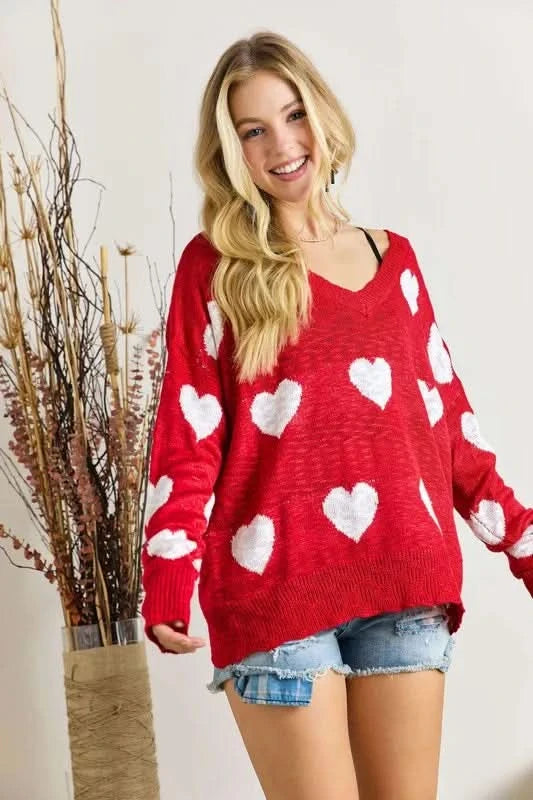 ADORA Full Size Heart V - Neck Knit Top Plus Size - ShalayeFashion