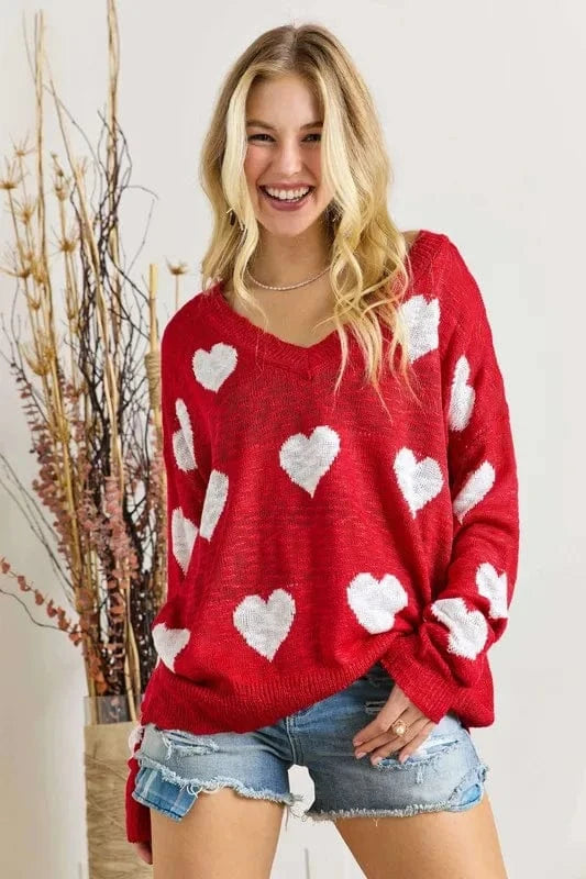 ADORA Full Size Heart V - Neck Knit Top Plus Size - ShalayeFashion