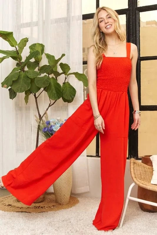 ADORA Full Size Smocking Top Wide Leg Jumpsuit Plus Size - ShalayeFashion