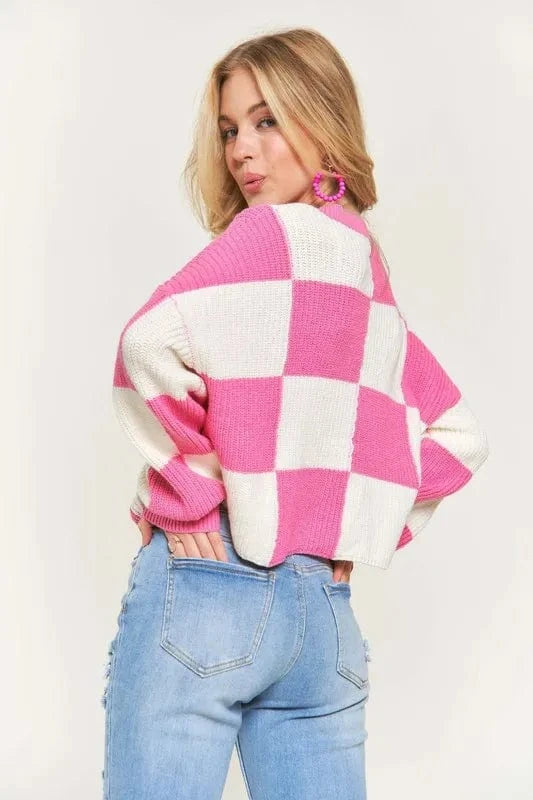 ADORA Plus Size Comfy Checkered Colorblock Sweater Top - ShalayeFashion